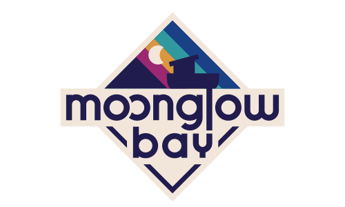 The Moonglow Bay logo, diamond shape with the name, a boat and moon symbol