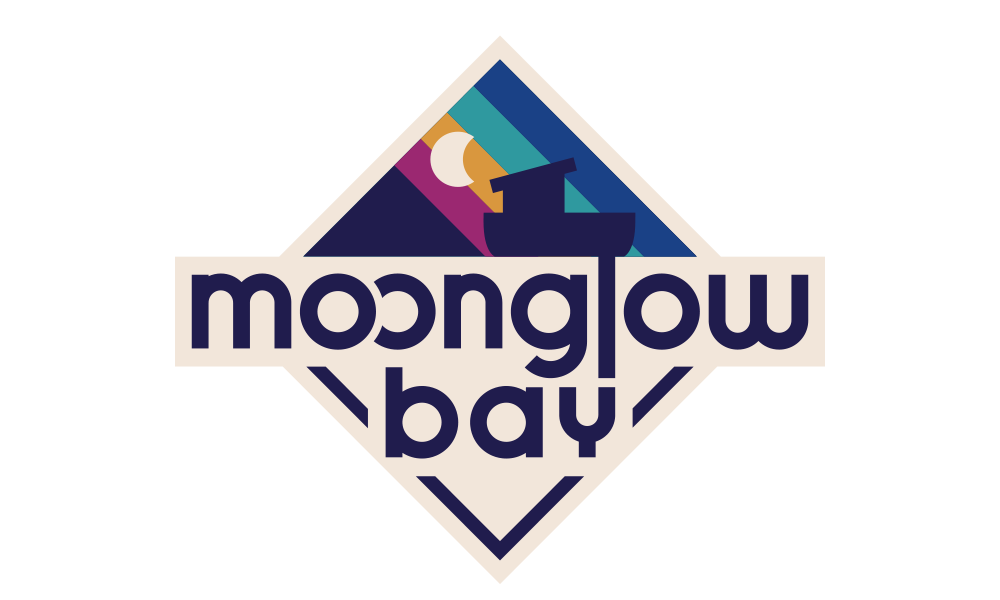 The Moonglow Bay logo, diamond shape with the name, a boat and moon symbol
